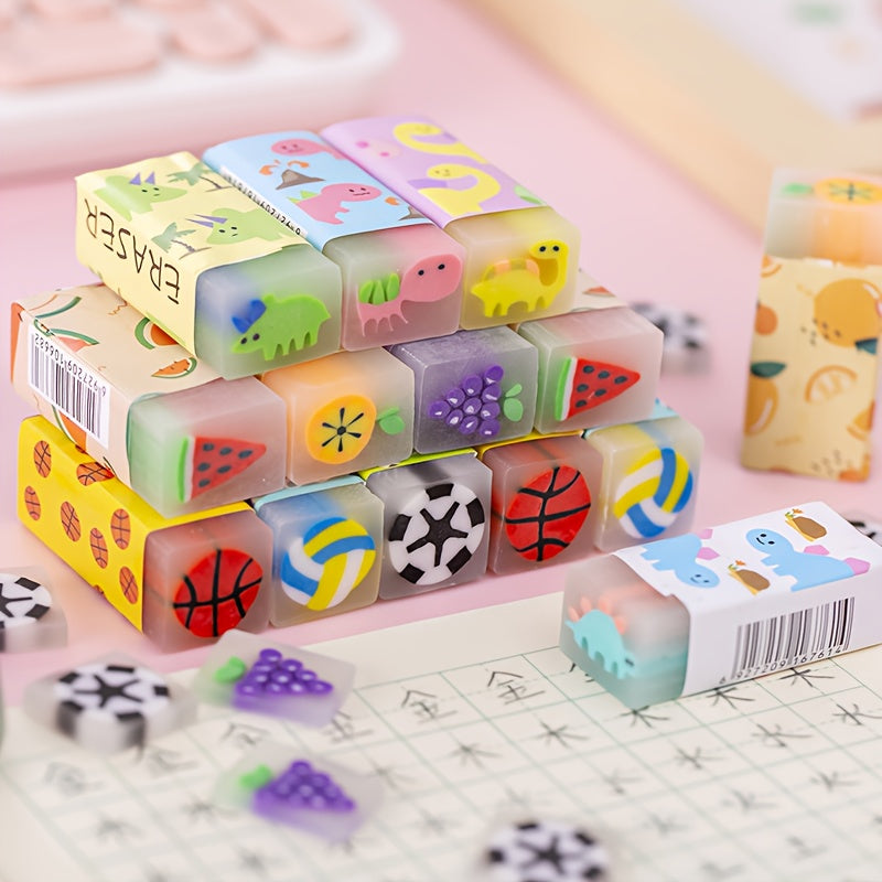 3pcs Sports Fruit-Themed Erasers Featuring Designs of Basketball, Soccer, Volleyball, Lemon, Grape, And Watermelon, with Vibrant Colors. Ideal for Fun Classroom Rewards, Home, Educational Supplies, Sports, Birthday And Party Gifts