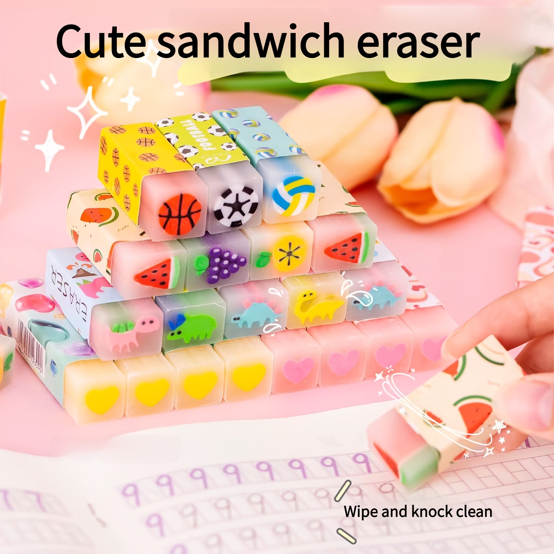 3pcs Sports Fruit-Themed Erasers Featuring Designs of Basketball, Soccer, Volleyball, Lemon, Grape, And Watermelon, with Vibrant Colors. Ideal for Fun Classroom Rewards, Home, Educational Supplies, Sports, Birthday And Party Gifts