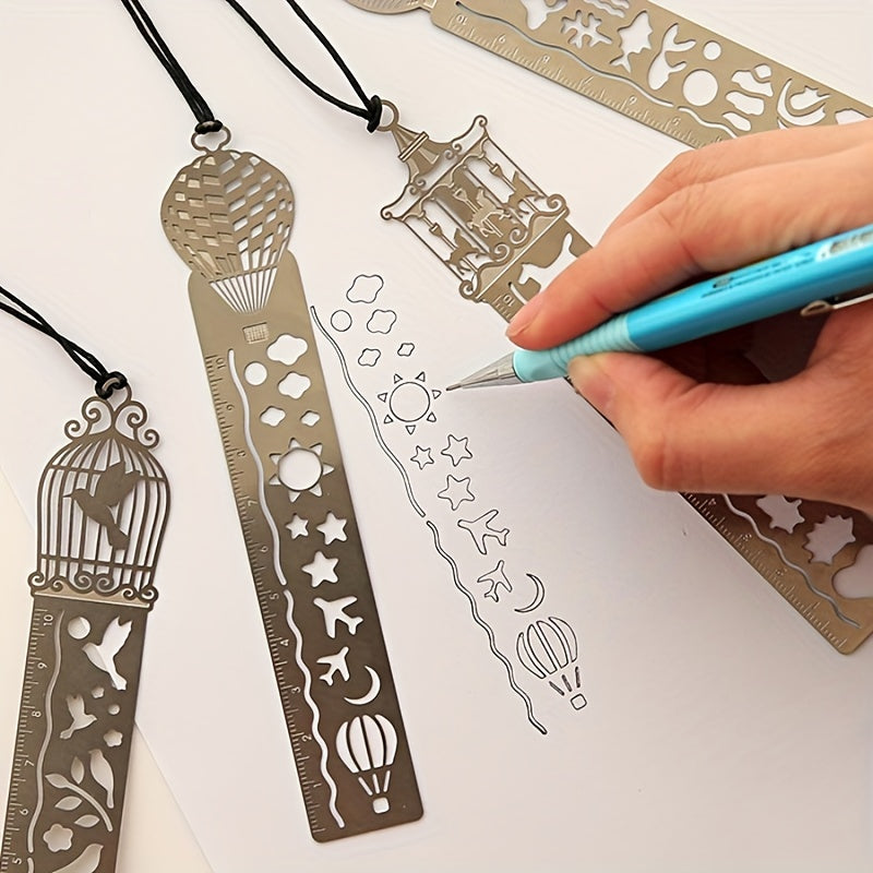 Cute Cartoon Patterned Bookmarks And Rulers for Students, Featuring Hollow Designs for Planners