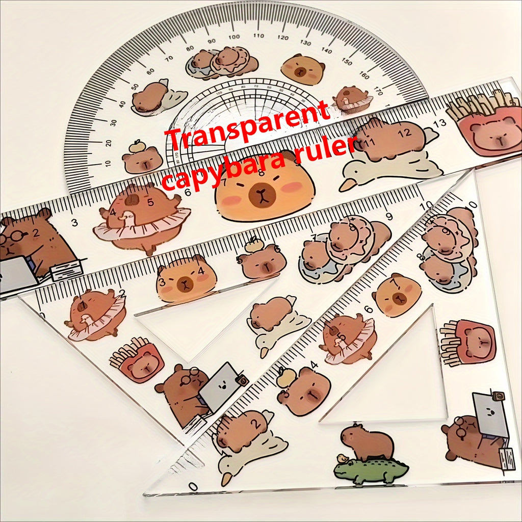 A Set of Transparent Plastic Capybara Rulers, a Set of Four-Piece Straight Ruler Test Drawings, Transparent Plastic Triangular Rulers, Learning Supplies, Kawaii Stationery, Cute And Stylish Office Supplies