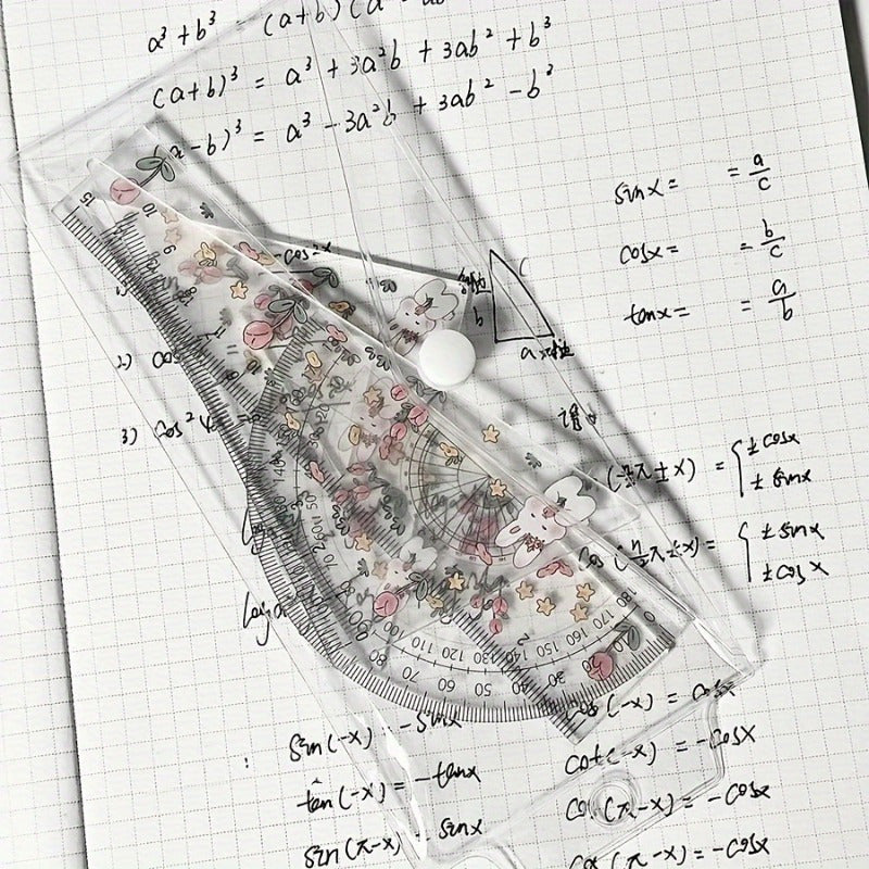 4pcs Transparent Cute Rabbit Tulip Pattern Ruler Set, a Set of Rulers, Test Drawing Four-Piece Ruler Set, Transparent Ruler Triangle Plate, Cute Rabbit Tulip Ruler Stationery