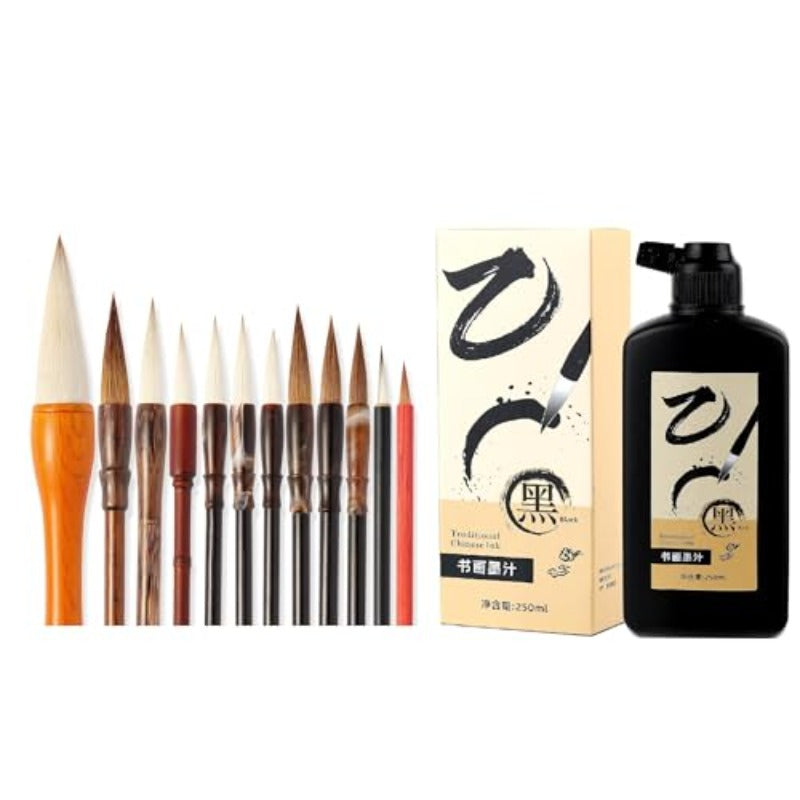 Corciosy 12pcs Calligraphy Brushes and 250ml\u002F 8. 8oz Black Calligraphy Ink,  Writing Tools, Elegant Writing, Smooth Strokes, Smooth Ink Flow, Premium Ink, Lettering Kit, Calligraphy Artists, Creative Writers