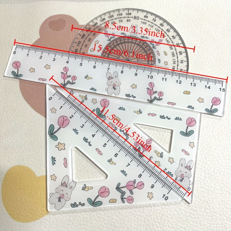4pcs Transparent Cute Rabbit Tulip Pattern Ruler Set, a Set of Rulers, Test Drawing Four-Piece Ruler Set, Transparent Ruler Triangle Plate, Cute Rabbit Tulip Ruler Stationery