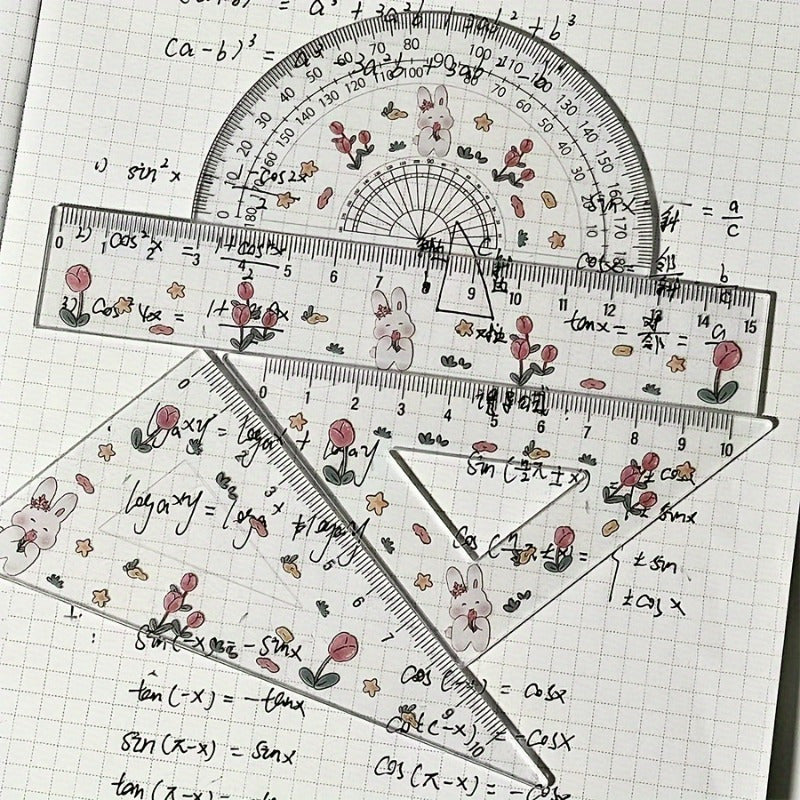 4pcs Transparent Cute Rabbit Tulip Pattern Ruler Set, a Set of Rulers, Test Drawing Four-Piece Ruler Set, Transparent Ruler Triangle Plate, Cute Rabbit Tulip Ruler Stationery