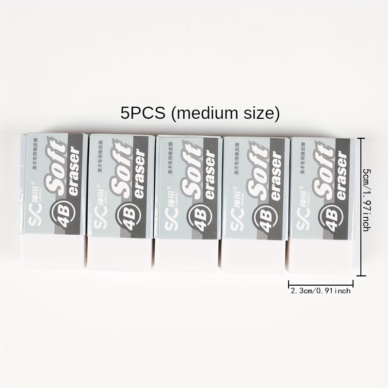 Soft PVC Erasers 5pcs Soft 4B PVC Erasers | Super Clean, Debris-Free, Ideal for School, Art Sketching, and Exam Drawing - Perfect Back-to-School Stationery with Bright Colors and Designs, Art Supplies