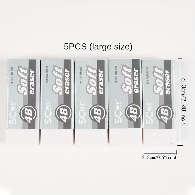 Soft PVC Erasers 5pcs Soft 4B PVC Erasers | Super Clean, Debris-Free, Ideal for School, Art Sketching, and Exam Drawing - Perfect Back-to-School Stationery with Bright Colors and Designs, Art Supplies