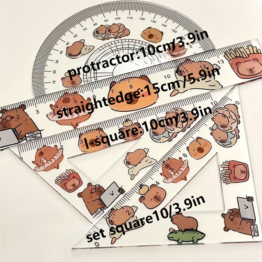 A Set of Transparent Plastic Capybara Rulers, a Set of Four-Piece Straight Ruler Test Drawings, Transparent Plastic Triangular Rulers, Learning Supplies, Kawaii Stationery, Cute And Stylish Office Supplies
