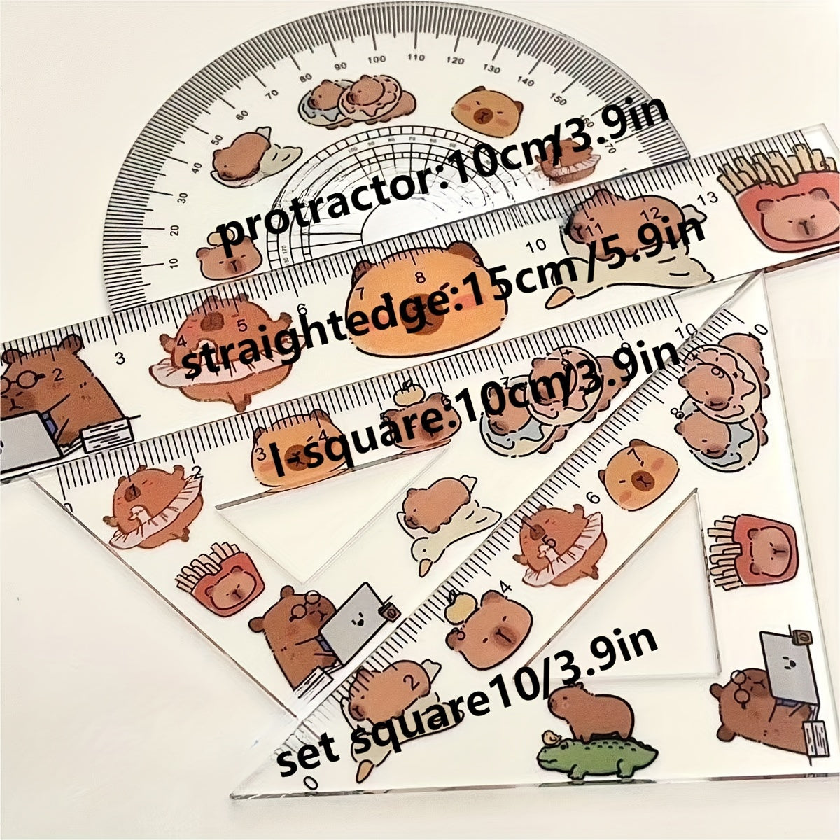 A Set of Transparent Plastic Capybara Rulers, a Set of Four-Piece Straight Ruler Test Drawings, Transparent Plastic Triangular Rulers, Learning Supplies, Kawaii Stationery, Cute And Stylish Office Supplies