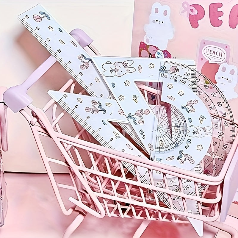 4pcs Transparent Cute Rabbit Tulip Pattern Ruler Set, a Set of Rulers, Test Drawing Four-Piece Ruler Set, Transparent Ruler Triangle Plate, Cute Rabbit Tulip Ruler Stationery