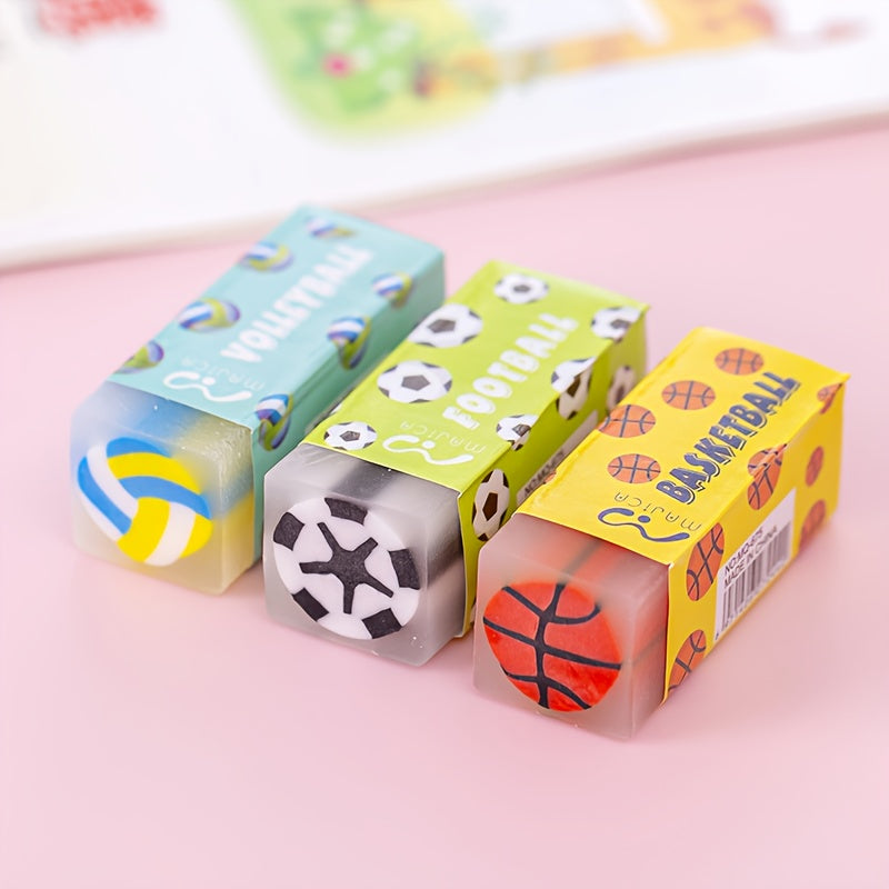 3pcs Sports Fruit-Themed Erasers Featuring Designs of Basketball, Soccer, Volleyball, Lemon, Grape, And Watermelon, with Vibrant Colors. Ideal for Fun Classroom Rewards, Home, Educational Supplies, Sports, Birthday And Party Gifts