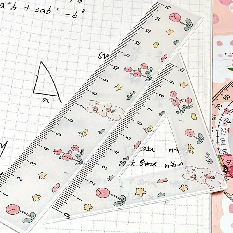 4pcs Transparent Cute Rabbit Tulip Pattern Ruler Set, a Set of Rulers, Test Drawing Four-Piece Ruler Set, Transparent Ruler Triangle Plate, Cute Rabbit Tulip Ruler Stationery