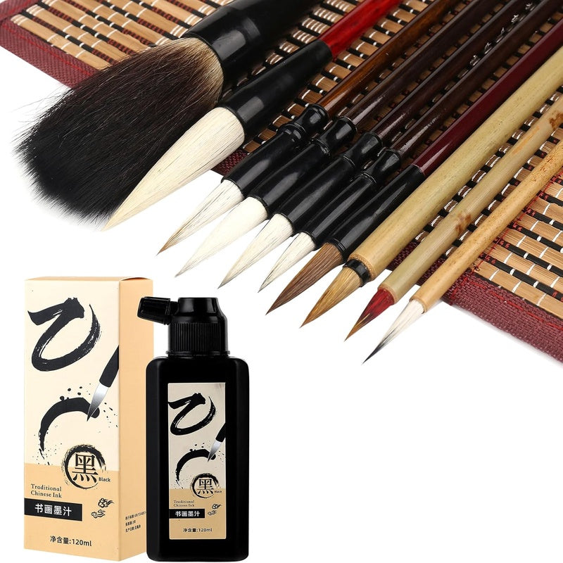 10PCS Calligraphy Brushes and 120ML 4OZ Black Calligraphy Ink