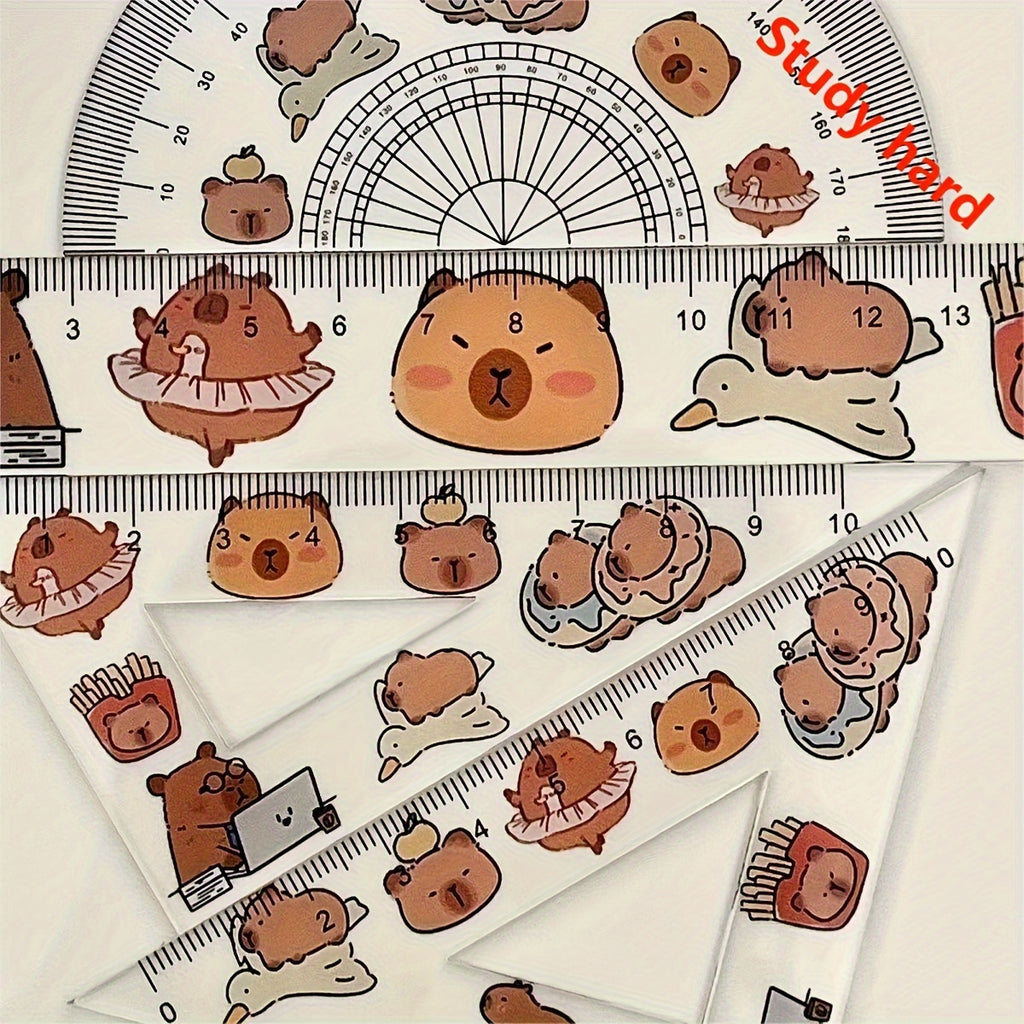 A Set of Transparent Plastic Capybara Rulers, a Set of Four-Piece Straight Ruler Test Drawings, Transparent Plastic Triangular Rulers, Learning Supplies, Kawaii Stationery, Cute And Stylish Office Supplies