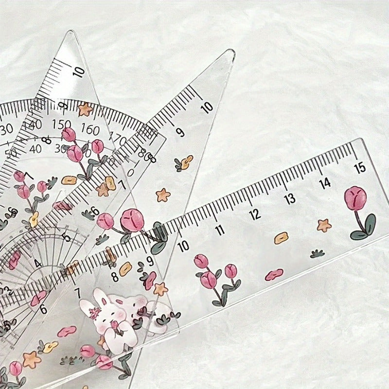 4pcs Transparent Cute Rabbit Tulip Pattern Ruler Set, a Set of Rulers, Test Drawing Four-Piece Ruler Set, Transparent Ruler Triangle Plate, Cute Rabbit Tulip Ruler Stationery