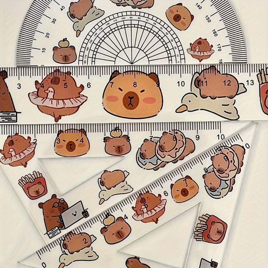 A Set of Transparent Plastic Capybara Rulers, a Set of Four-Piece Straight Ruler Test Drawings, Transparent Plastic Triangular Rulers, Learning Supplies, Kawaii Stationery, Cute And Stylish Office Supplies