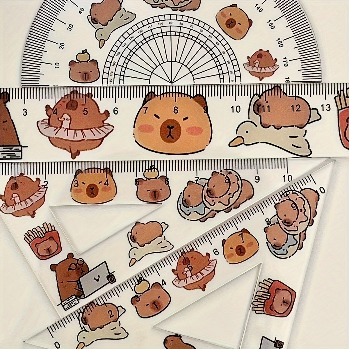 A Set of Transparent Plastic Capybara Rulers, a Set of Four-Piece Straight Ruler Test Drawings, Transparent Plastic Triangular Rulers, Learning Supplies, Kawaii Stationery, Cute And Stylish Office Supplies