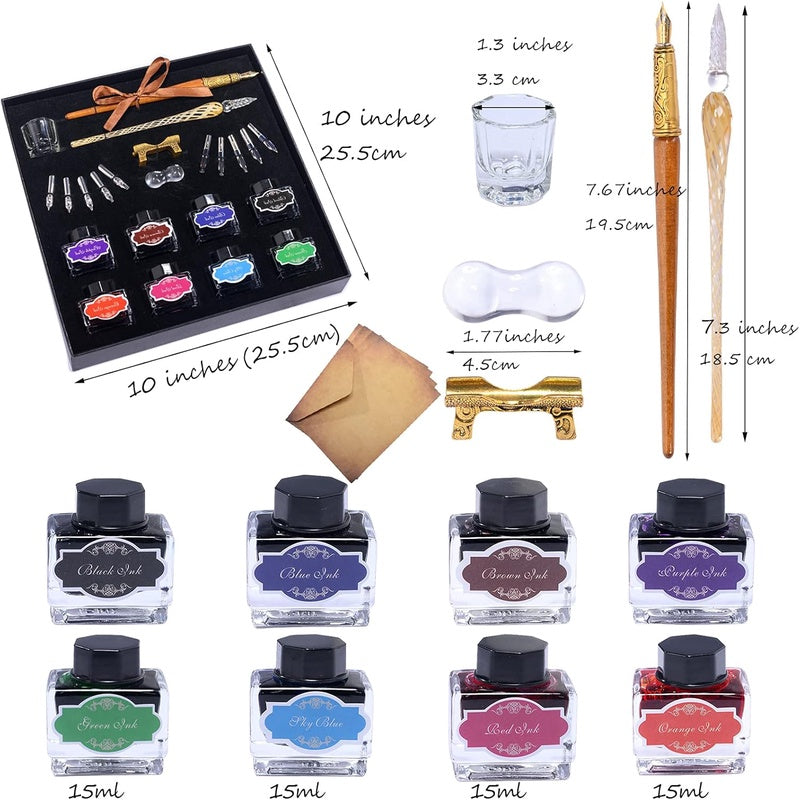 Calligraphy Pen Set, Vintage Fountain Wooden Glass Dip Pen Ink Writing Pen with 8 Colors of Ink 10 Types of Replaceable Nibs 2 Pen Holders Exquisite Present for Beginners