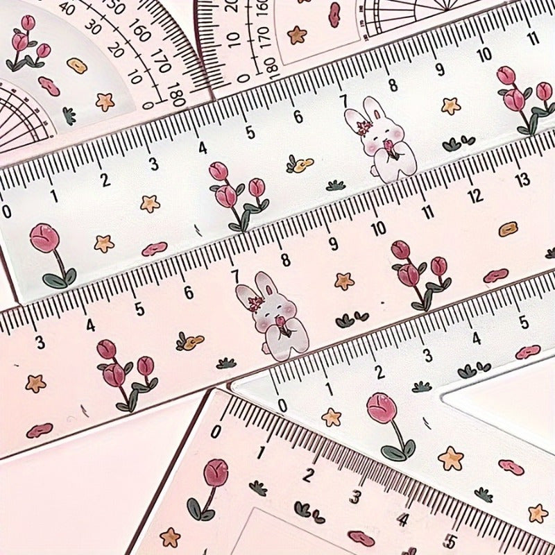 4pcs Transparent Cute Rabbit Tulip Pattern Ruler Set, a Set of Rulers, Test Drawing Four-Piece Ruler Set, Transparent Ruler Triangle Plate, Cute Rabbit Tulip Ruler Stationery